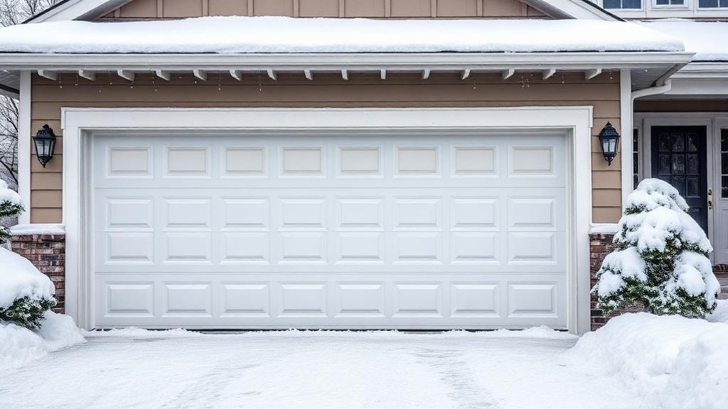 Residential garage door in winter with snow, demonstrating cold weather preparation