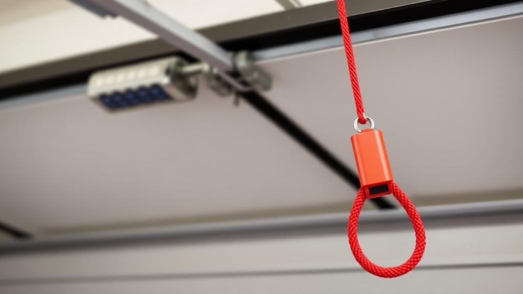 Red emergency release cord on garage door opener for family safety