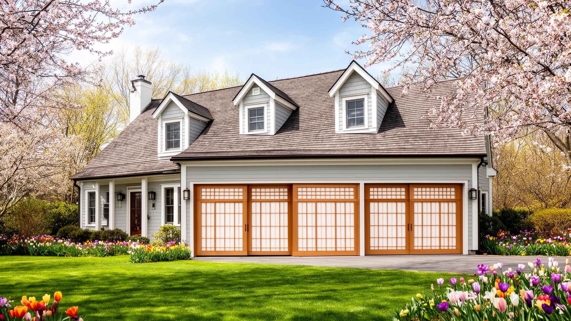 Beautiful Cape Cod home with elegant Asian inspired shoji screen garage doors in White Swan, Washington